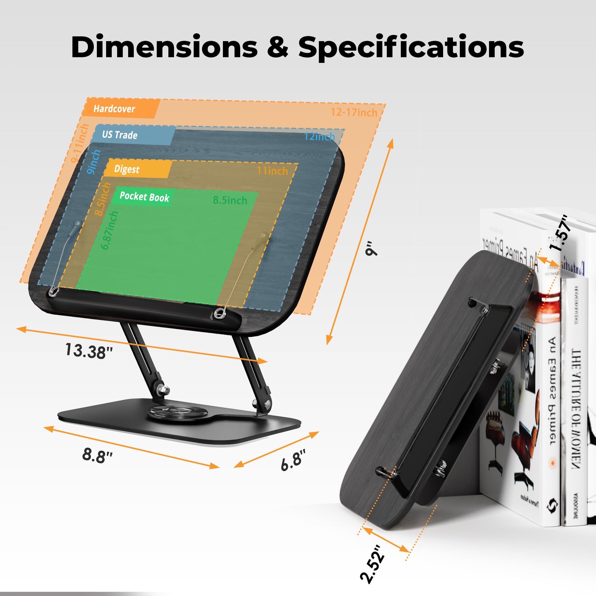 SupeDesk Soporte para libros para lectura, soporte ajustable con bases giratorias de 360°, diseños plegables y clips elásticos, soporte multifuncional para recetas, libros de cocina, revistas,