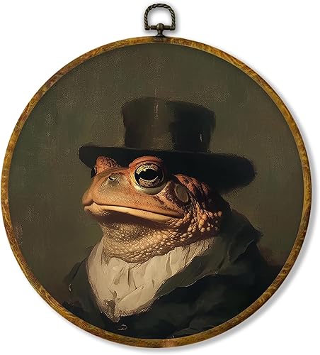 Hiuwevt Decoración de pared redonda de rana, impresiones en lienzo enmarcadas de rana oscura vintage de la academia, decoración rústica retro para