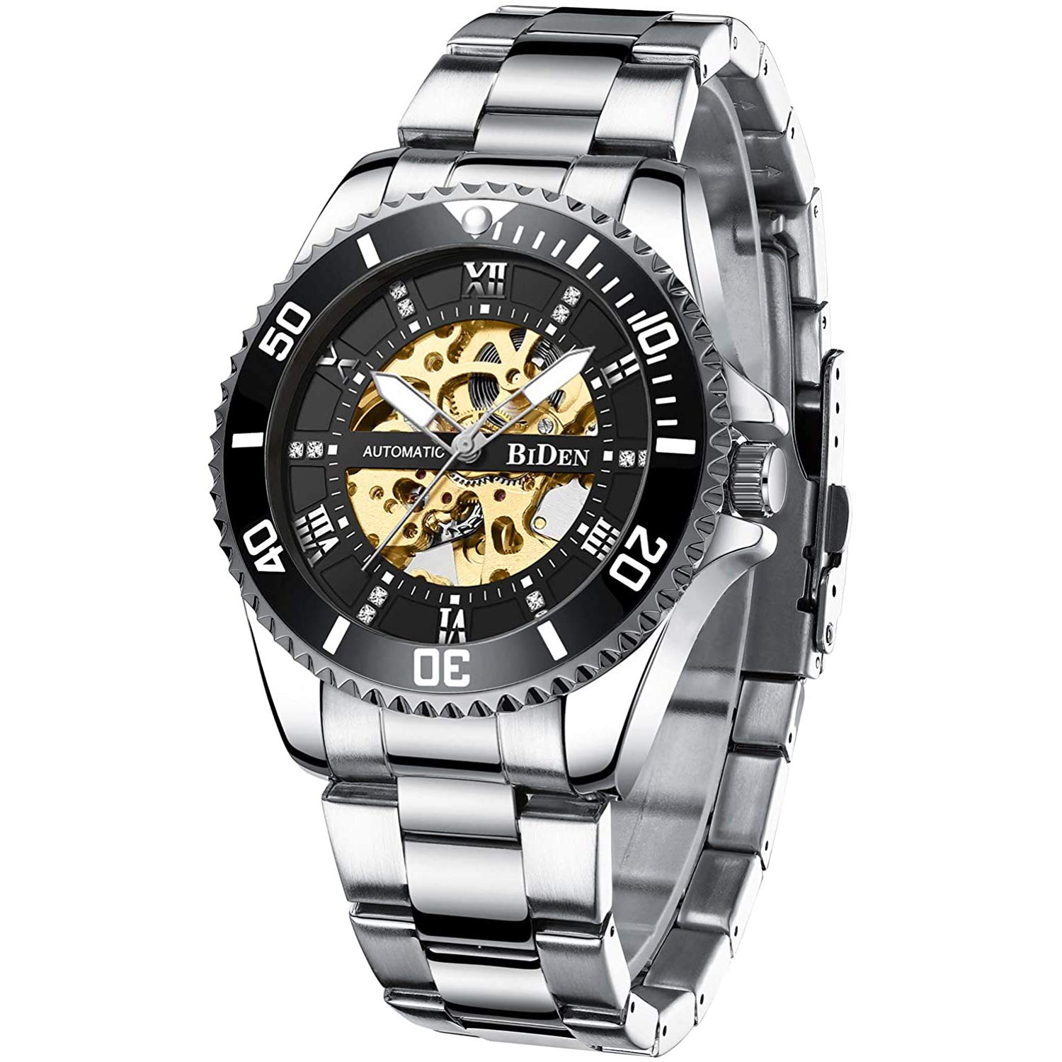 MASTOP Relojes mecánicos automáticos para hombre, de acero inoxidable, con esfera de diamante, de lujo, clásicos, de negocios, para hombre de negocios