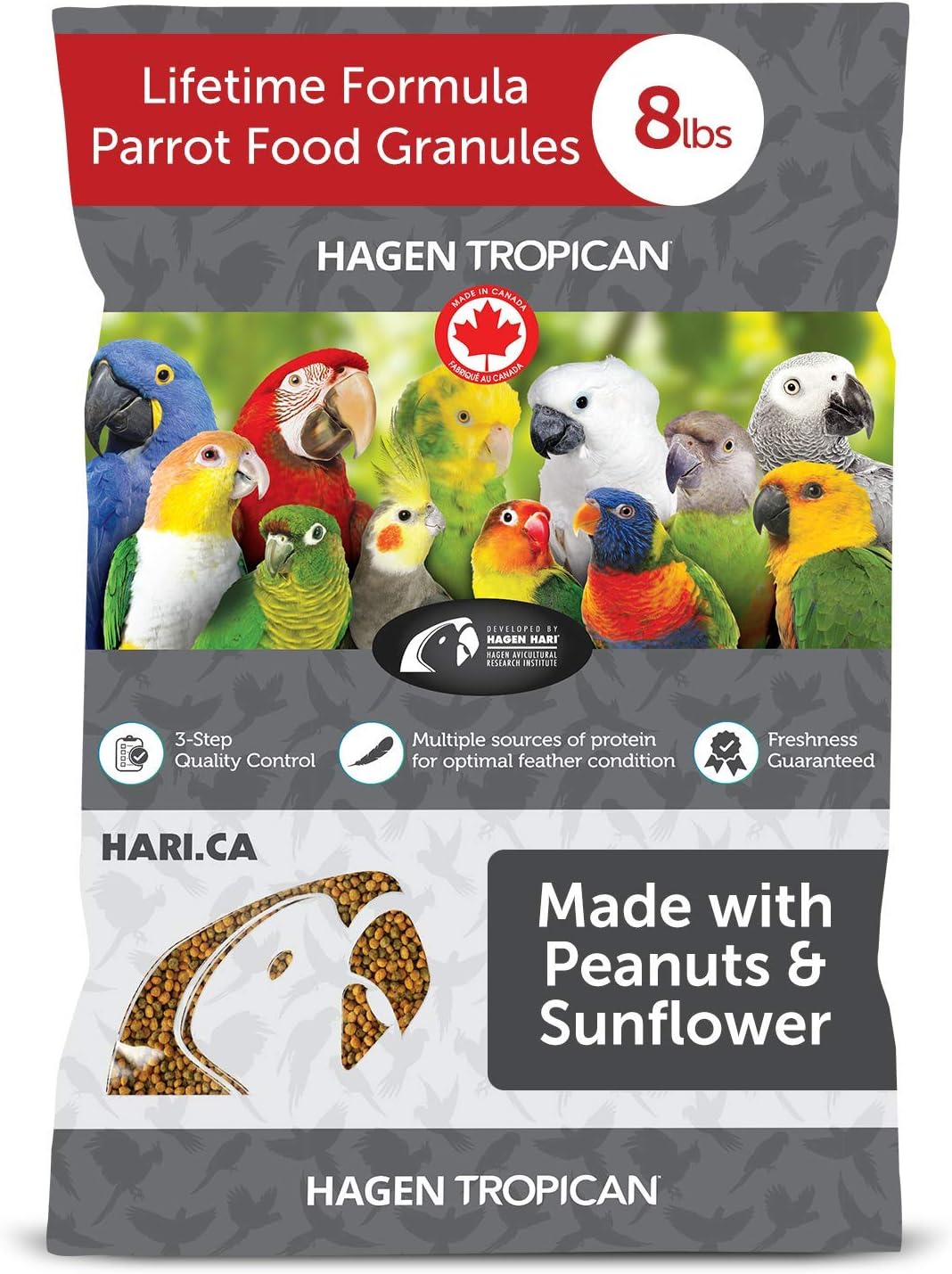 Tropican Bird Food, Hagen Parrot Food with Peanuts & Sunflower Seeds, Maintenance Granules, Lifetime Formula, 8 lb Bag