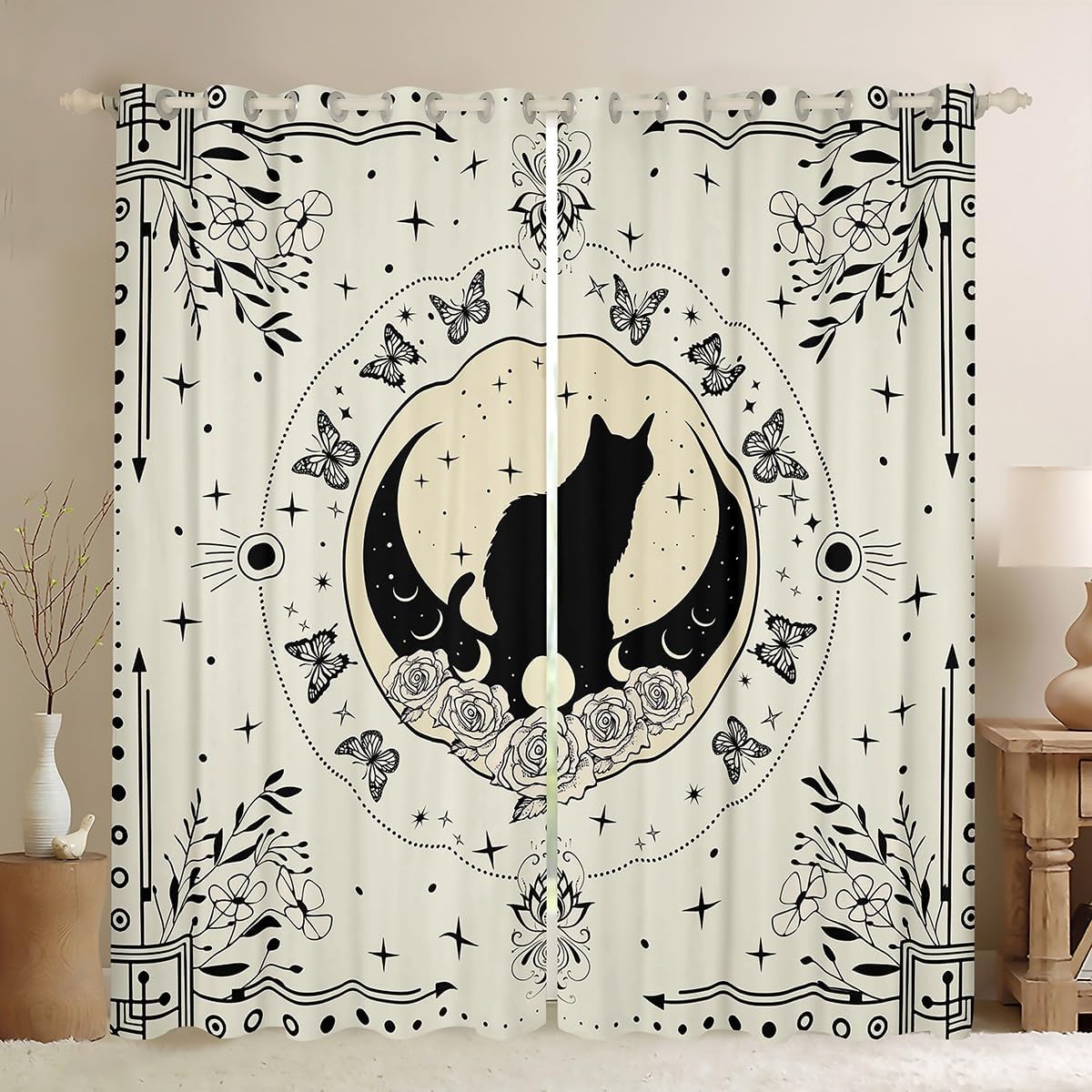 Manfei Cute Cat Blackout Curtain Rose Flower Butterfly Print Window Drapes, Cartoon Animal Theme Window Treatments, Kids Boy Girl Room Decor, Grommet Top 2 Panel Set Bedroom Curtains, 38Wx45L inch