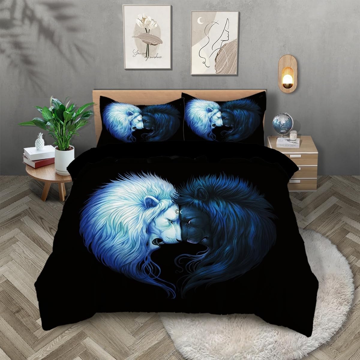 TKCQX Double Duvet Cover Lion Heart Blue and White Double Bedding Sets for Kids Boys Girls Aldult Black Bedding Made of Microfiber with Pillowcase 50x75 cm