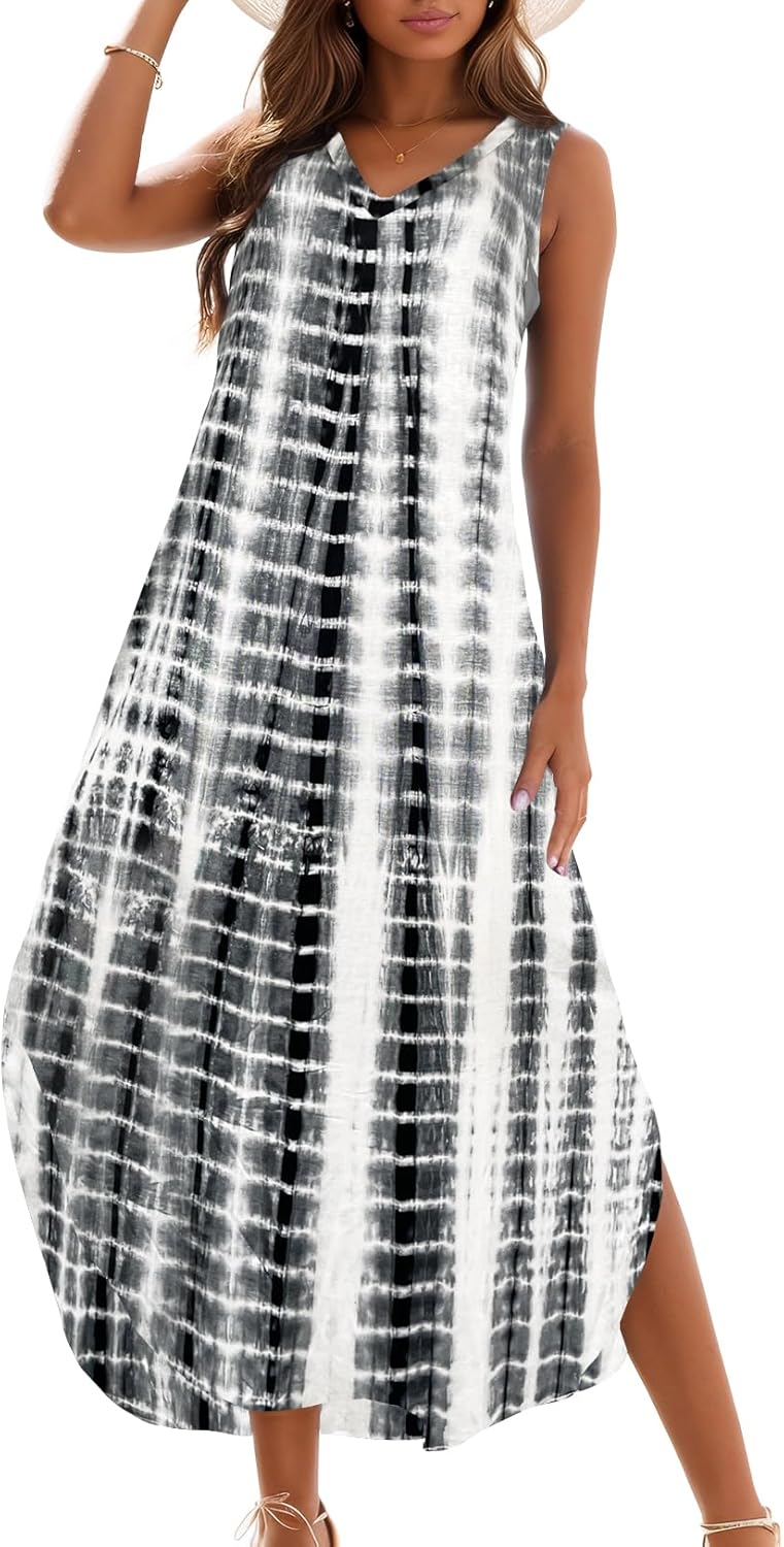 Zilcremo Women's Summer Casual Loose Sundress Long Dress Sleeveless V Neck Split Tshirt Maxi Dresses XX-Large Blacktiedye