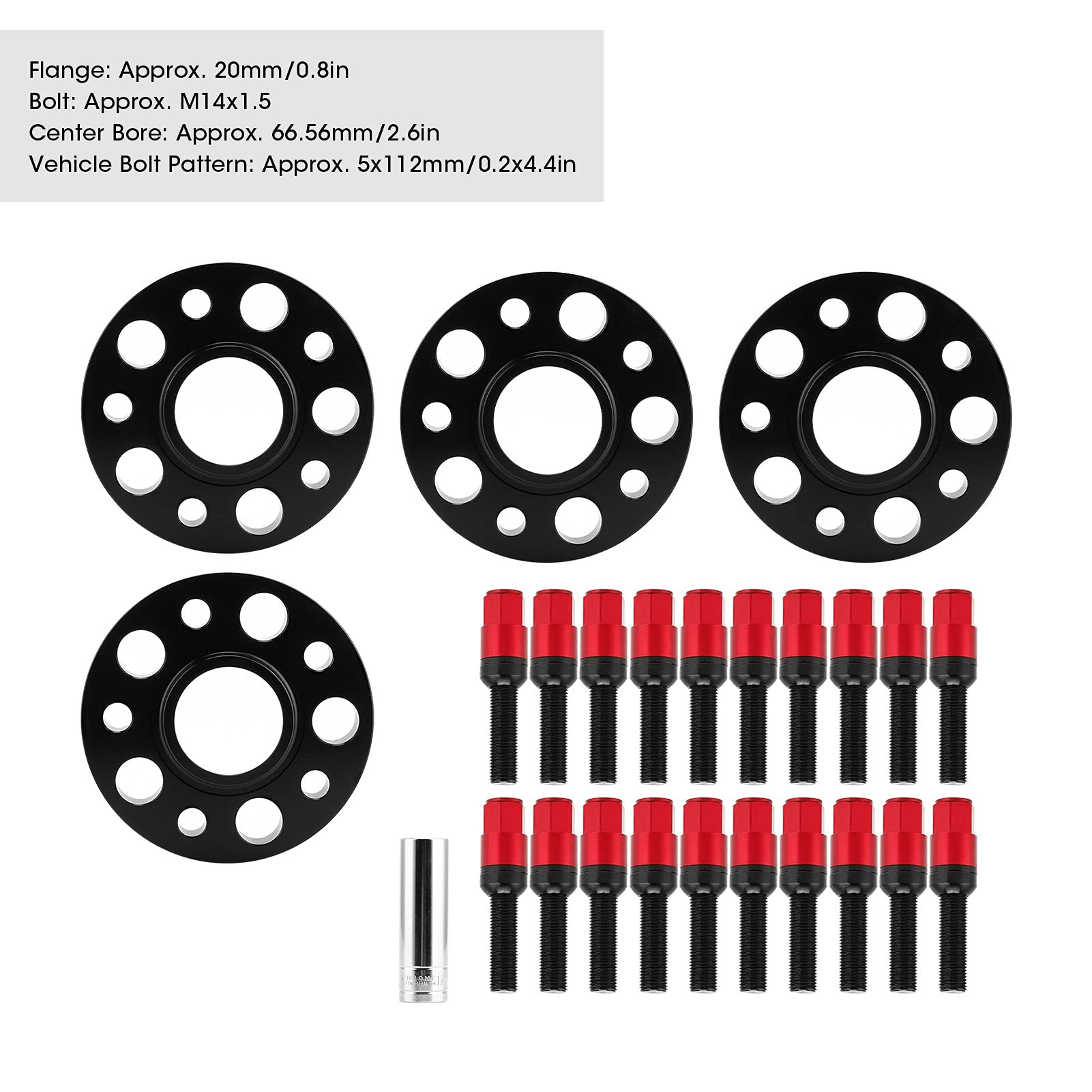 Aramox 20-Mm-Nabenzentrierte Spurverbreiterungen, 6061 T6-Aluminium-Bohrungs-Spurverbreiterung 5x112 66,56 Mm CB M14x1,5, Geschmiedete CNC-Passform für S4 S5 S6 SQ5 Allroad-Fahrer (Rot)