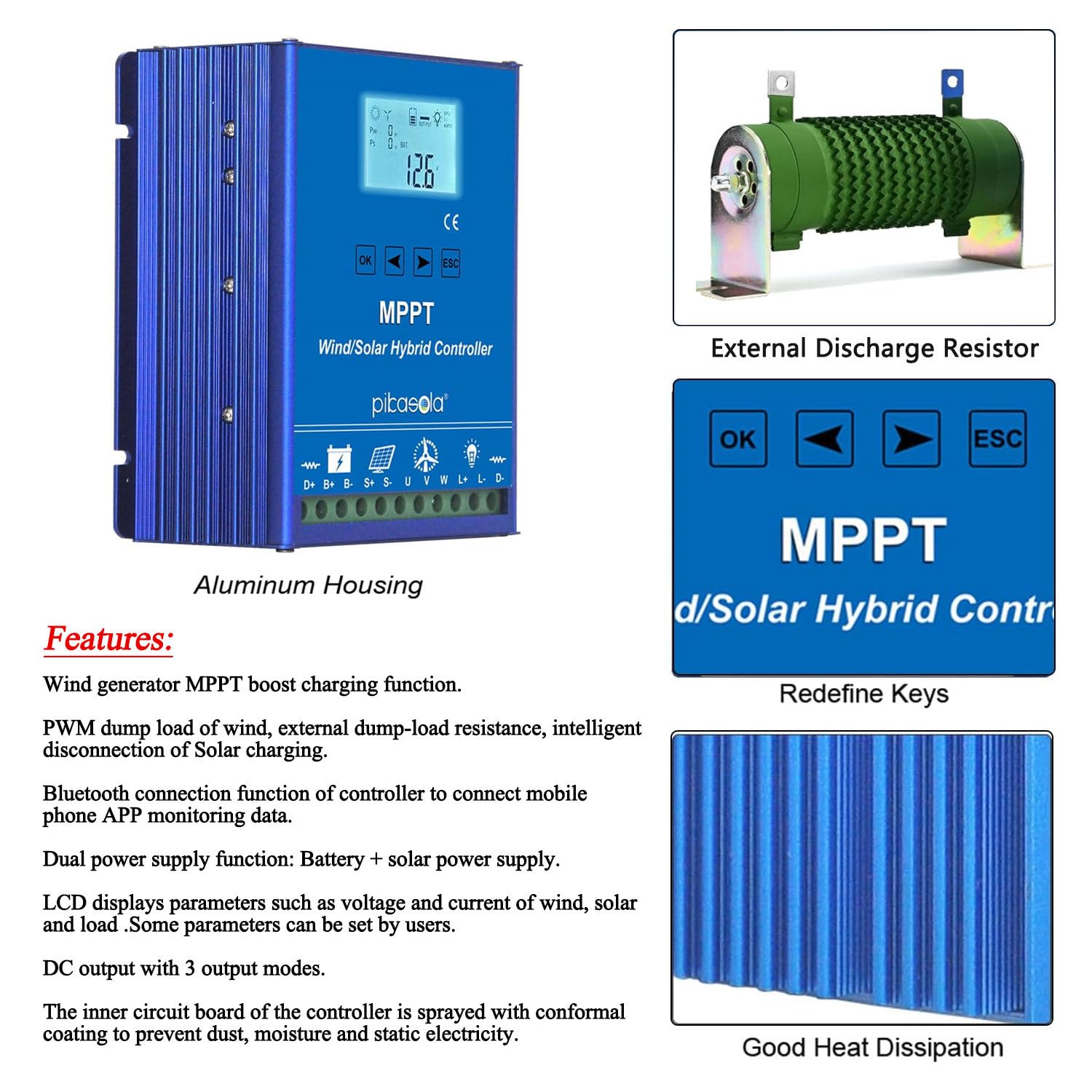 Regolatore di carica ibrido solare e eolico a batteria, regolatore di carica ibrido solare da 3000W con carico di scarico per generatore eolico massimo da 12000W Pannello solare 12000W MPPT,12000W-24V