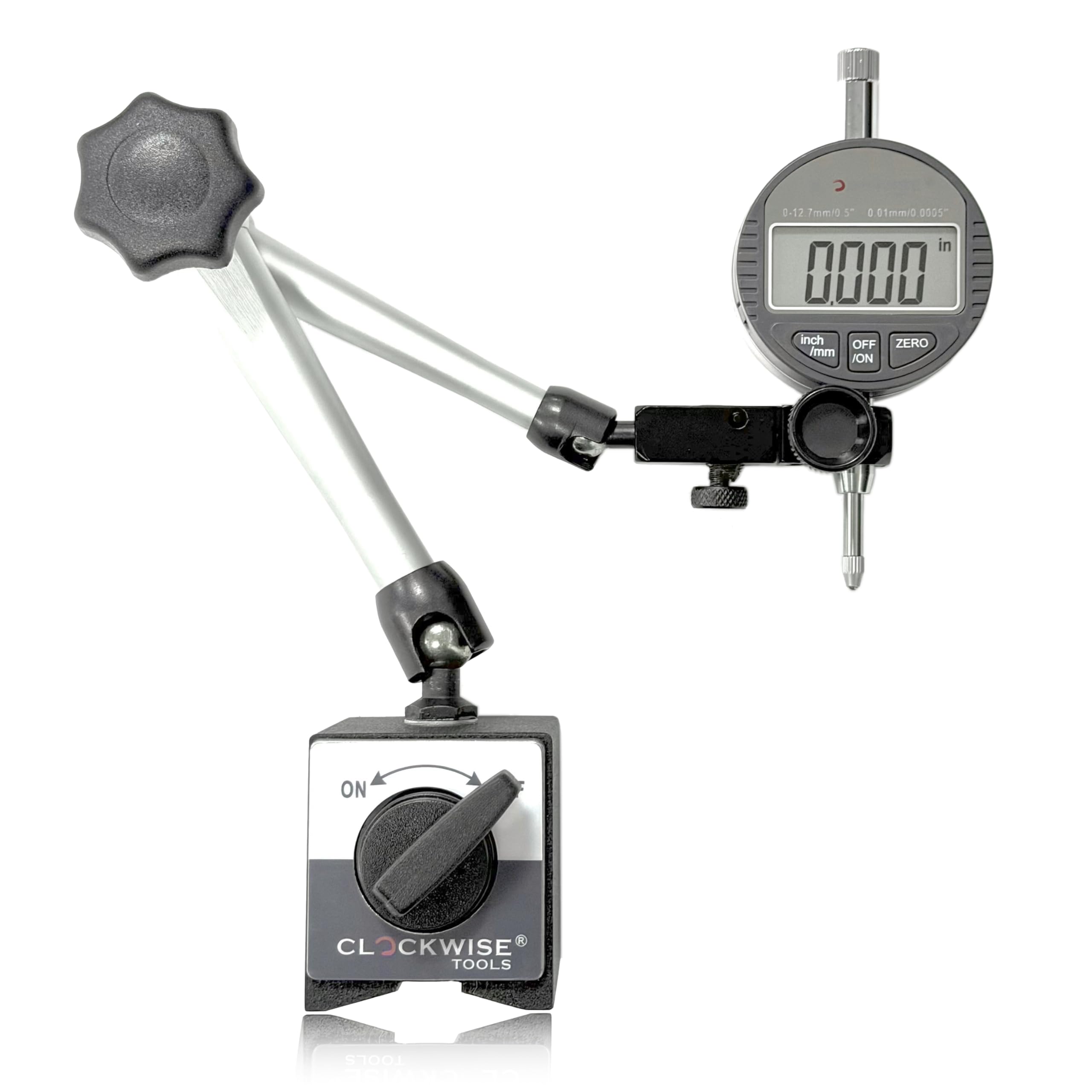 Clockwise Tools DIBR-0055 Indicador digital con soporte de base magnética, 0-0.5 pulgadas/12.7 mm, conversión métrica/pulgada, apagado automático