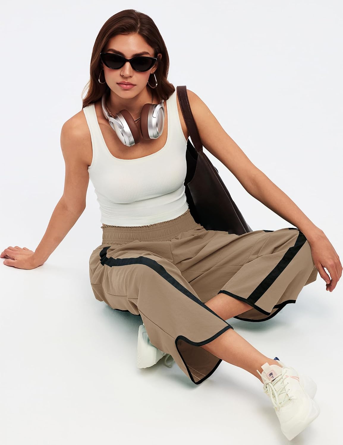 AKEWEI Womens Baggy Wide Leg Pants Summer Casual Elastic Waisted Contrast Color Workout Y2k Track Pants with Pockets