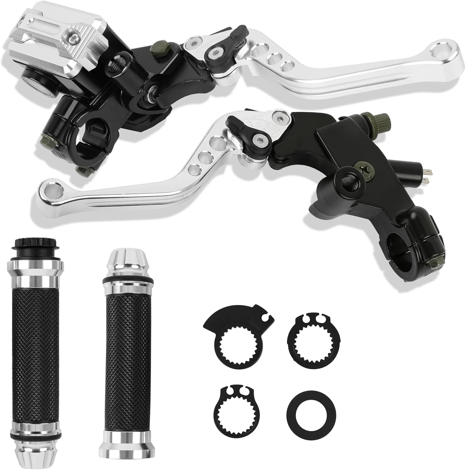 DREAMIZER Universal 7/8" 22mm Motorcycle Handlebar Brake Master Cylinder Clutch Levers CNC Left & Right Set + Hand Grips Compatible with Harley Honda Kawasaki Yamaha Suzuki (Silver)