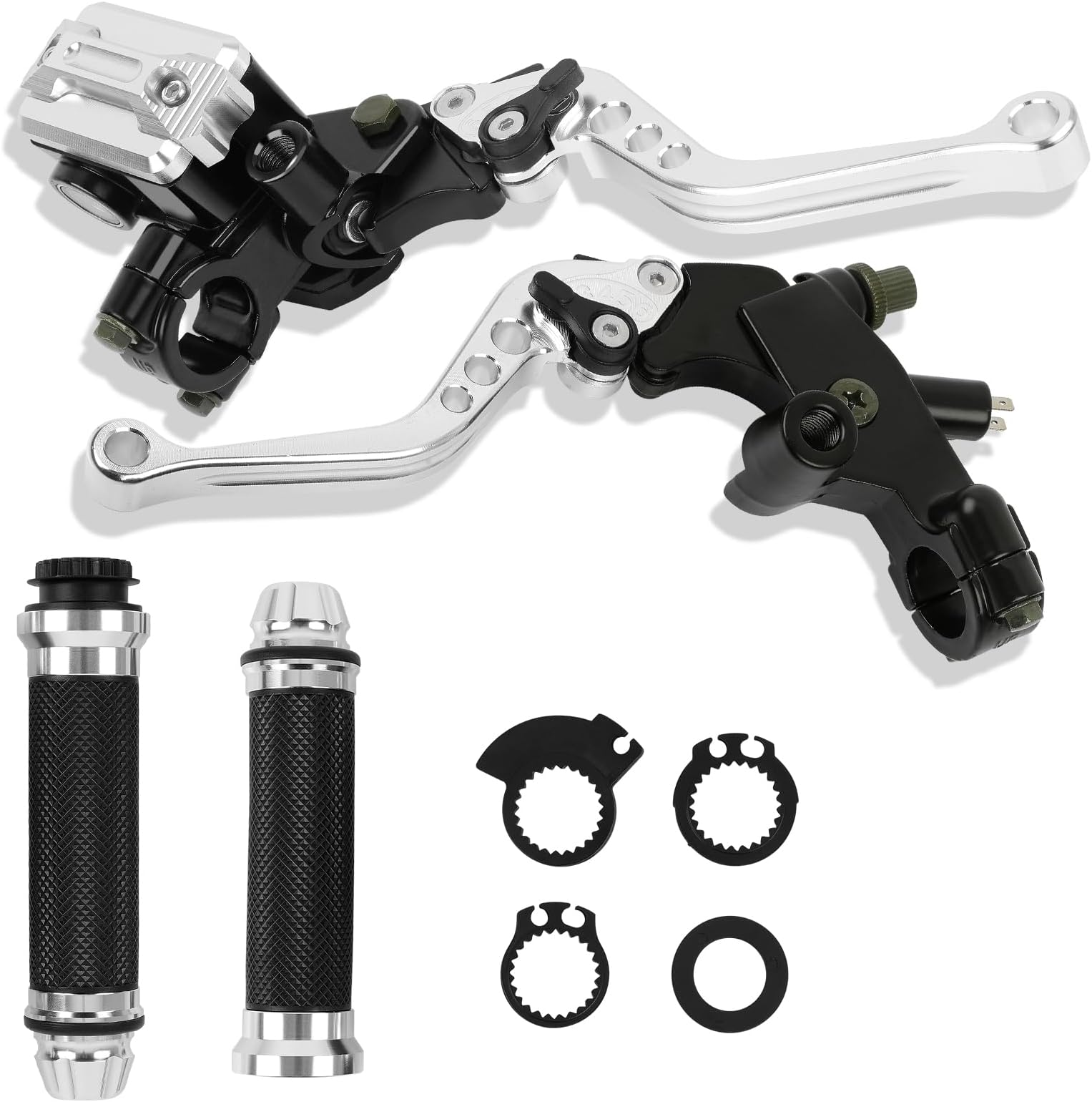 DREAMIZER Universal 7/8" 22mm Motorcycle Handlebar Brake Master Cylinder Clutch Levers CNC Left & Right Set + Hand Grips Compatible with Harley Honda Kawasaki Yamaha Suzuki (Silver)