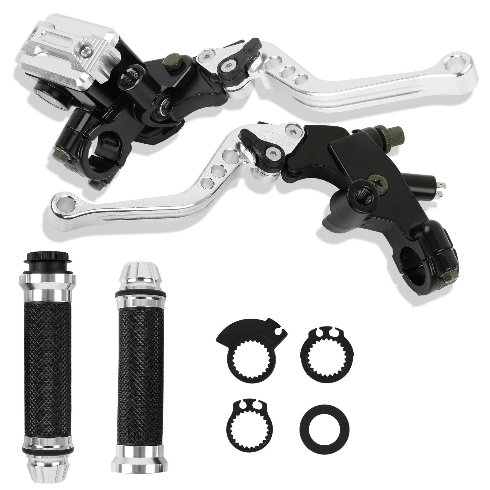 DREAMIZER Universal 7/8" 22mm Motorcycle Handlebar Brake Master Cylinder Clutch Levers CNC Left & Right Set + Hand Grips Compatible with Harley Honda Kawasaki Yamaha Suzuki (Silver)