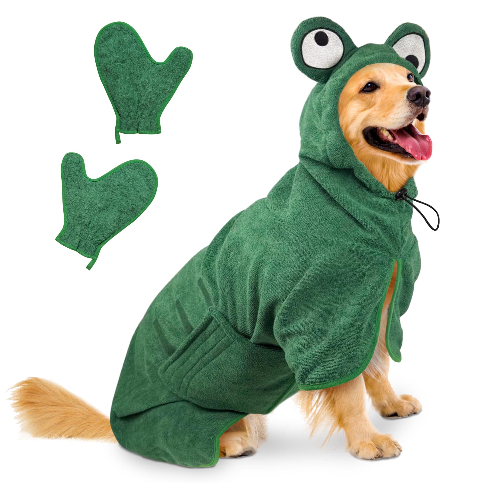 Hundebademantel, Schnell Trocknend Bademantel Hund | Einstellbar, mit Klettverschluss, Saugfähiger, mit Hut, für Mittlere Große Hunde, Frosch, XL