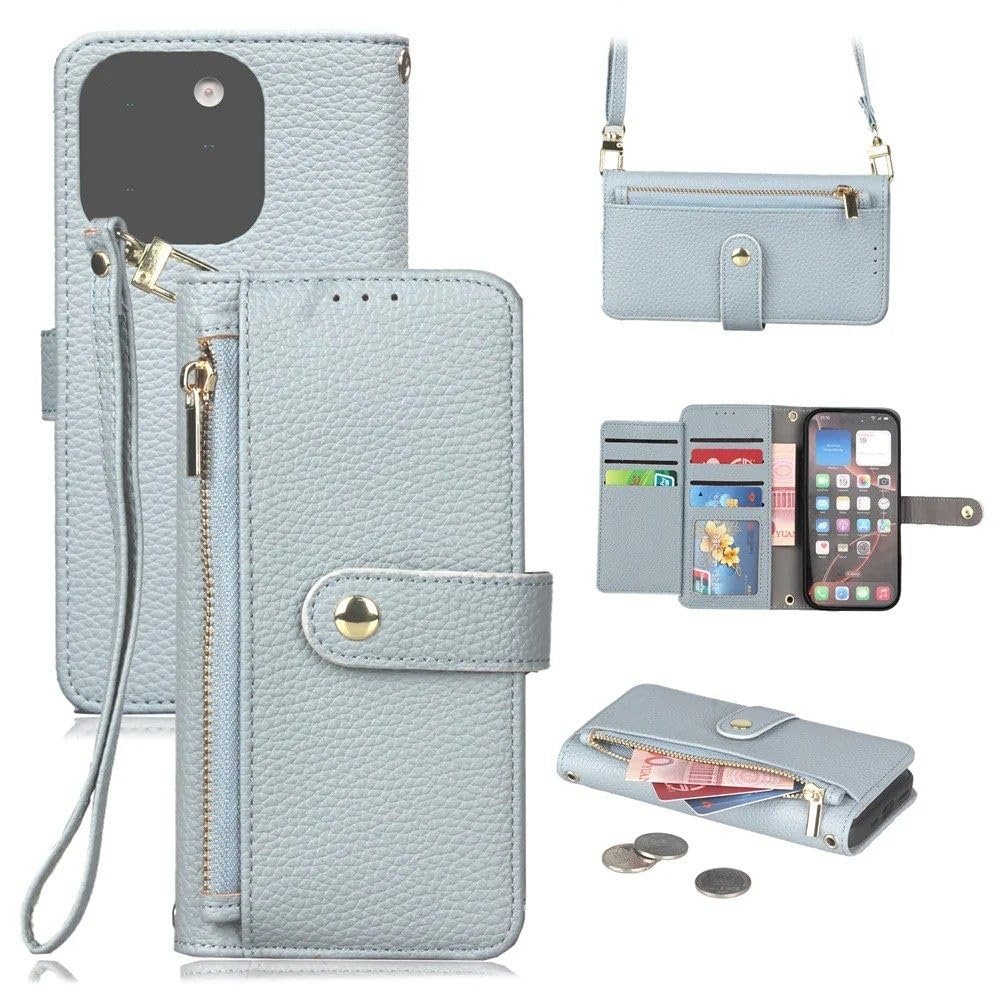 Étui portefeuille zippé iPhone 14 anti-chute avec dragonne de sécurité