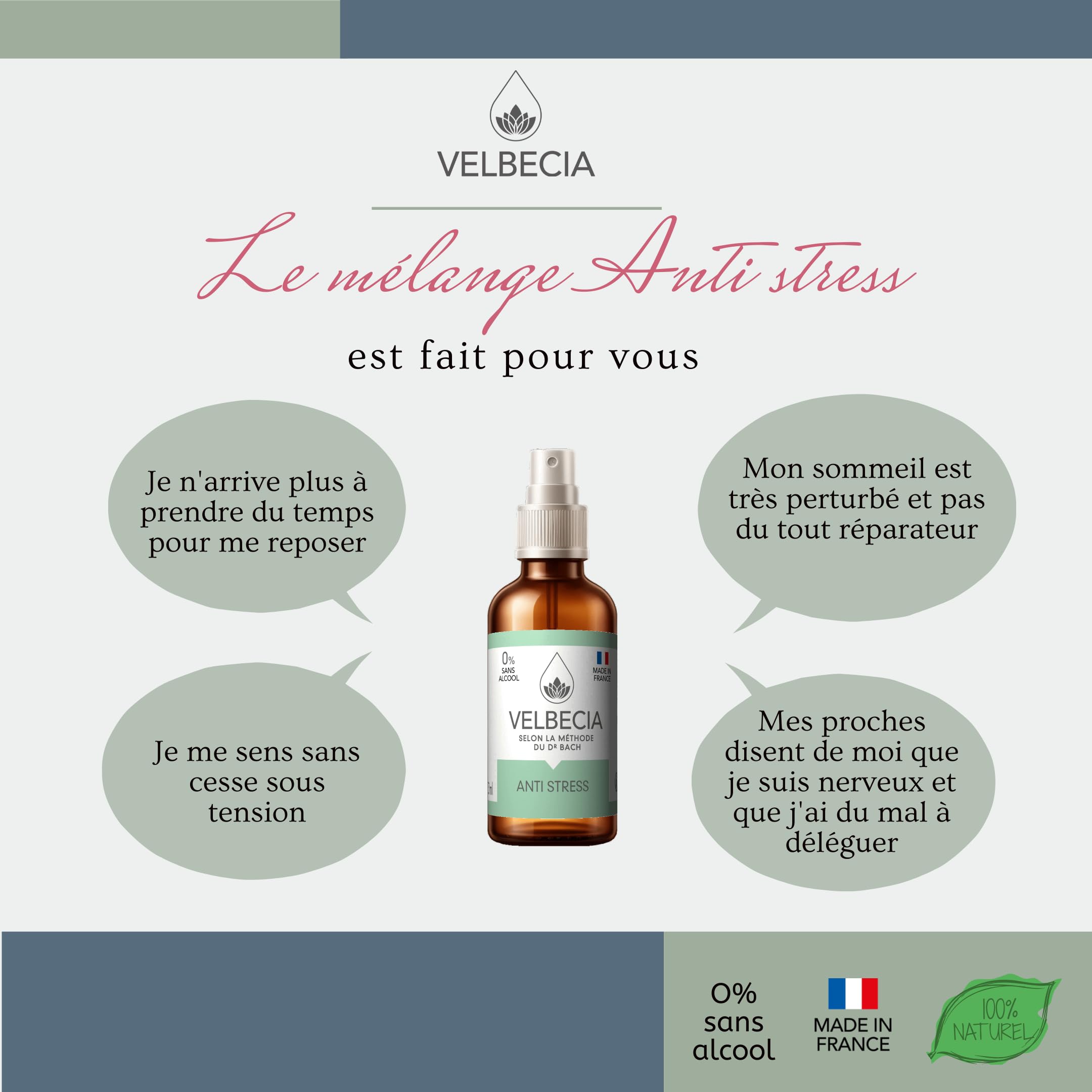 Velbecia® Anti stress 30 ml +1 OFFERT Essences florales – SANS ALCOOL – Méthode du Dr Bach - Crise d'angoisse, Anxiété, burn out, dépression, déprime, fatigue, surmenage