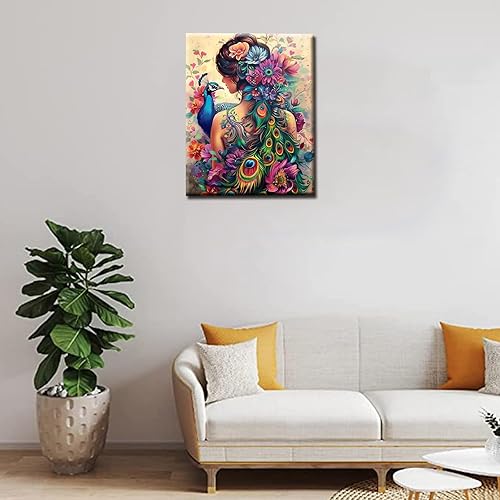 Miniatura 2 de Tucocoo Pintura lateral de mujer por números para adultos principiantes, pintura de pavo real por números sobre lienzo, fácil de pintar para