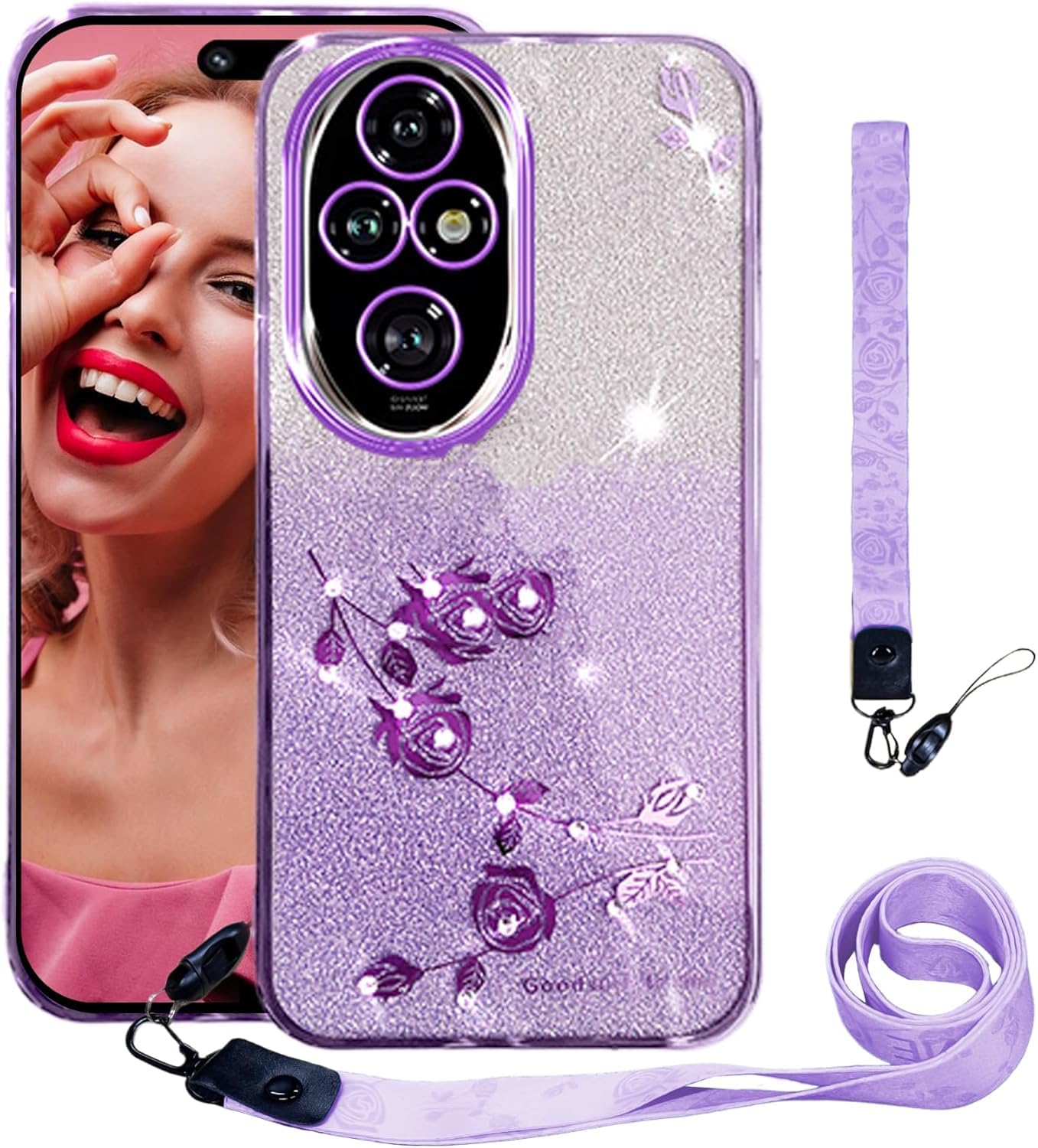 Bling Glitter Phone Case for Tecno Spark Go 2024 with Lanyard and Wrist Strap,Slim Transparent Shockproof Cover,Cute Protective Case for Women and Girls-Purple