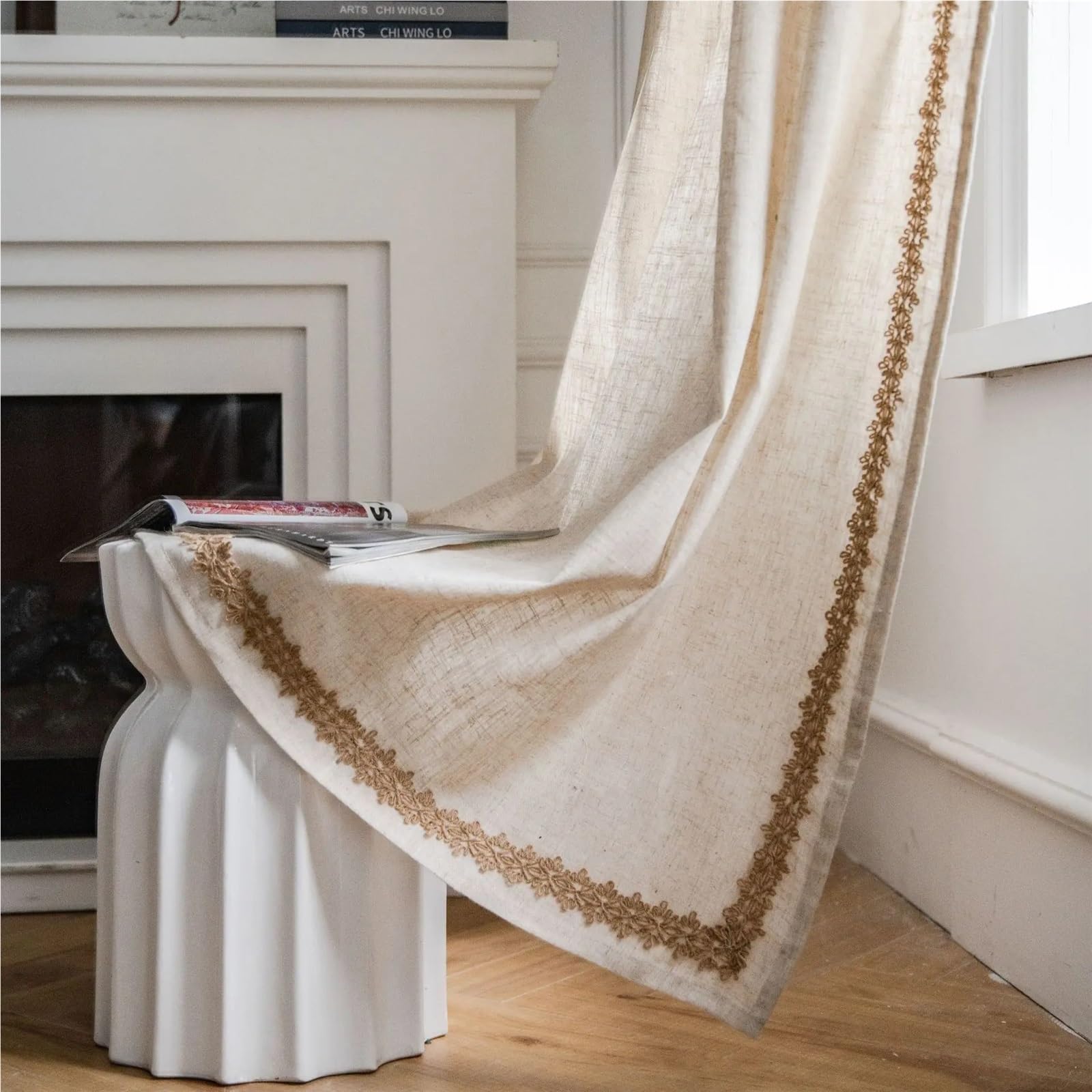 Leinenmischung Jute Spitzenvorhänge Quaste for Küche Schlafzimmer Wohnzimmer Fenster Schrank Vorhang(A,Rod Pocket_W150XH140CM)