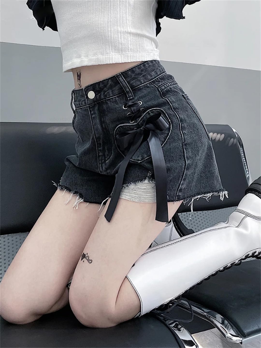 Vintage Denim Shorts Women Large Korean Sweet Hearts Bow Bandage Hole Short