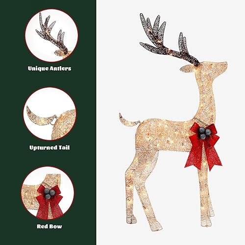 Miniatura 3 de Gllabel - Juego de decoración de reno de Navidad iluminado y caja de regalo, trineo al aire libre, reno de 50 pulgadas, trineo de 19.75 pulgadas,