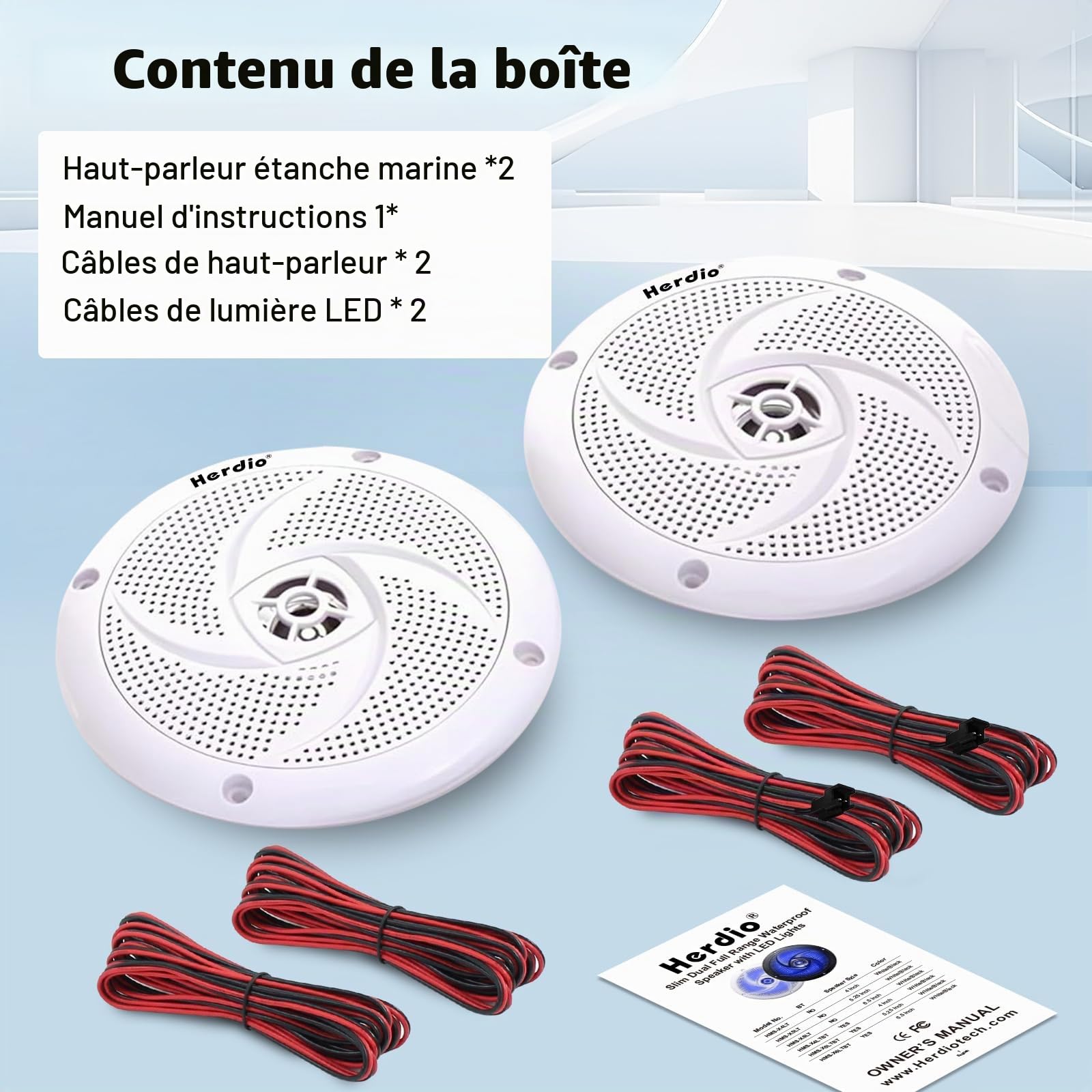 Herdio 6.5 inch 240W Haut-parleurs Marins étanches - 2 Voies résistants aux intempéries avec lumières LED, et Style Mince à Profil Bas pour Bateaux et véhicules récréatifs (Blanc)