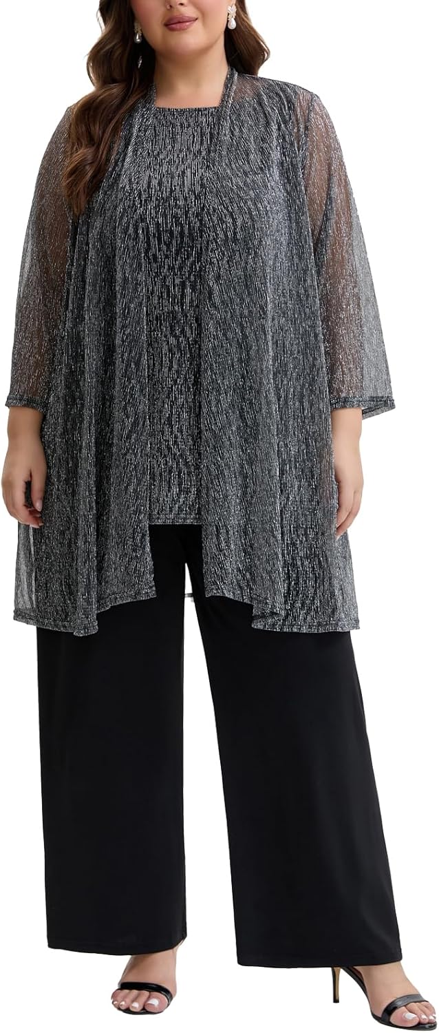 Plus Size Mother of The Bride Pant Suits 3 Piece Elegant Lace Sets Wedding Guest Formal Outfit with Metallic BrightThread - Image 5