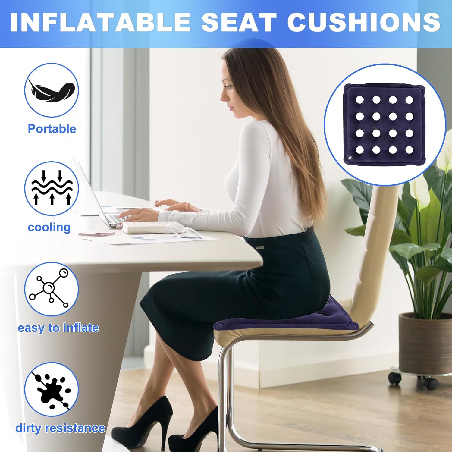 2-Pack Waffle Inflatable Seat Cushions with Pump, 18 Inch Beige 16-Hole Air Cushion for Pressure Relief, Wheelchair, Office Chair, Car Seat & Travel (Purple&Beige) - Image 8