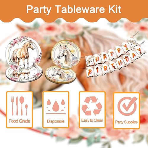 Miniatura 3 de Ptdwaz 115 piezas de decoración de fiesta de cumpleaños con temática de caballo rosa, incluyendo platos de papel, mantel, pancarta, servilletas de