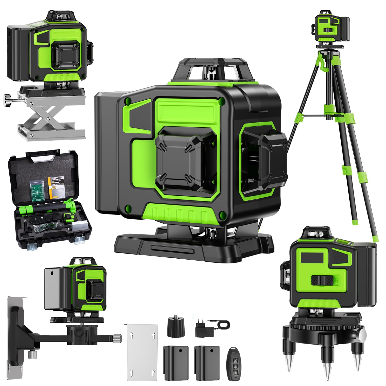 Nivel Laser Autonivelante 360 Grados, Nivel Láser Verde 16 Líneas, 2 x 360 Horizontal y 2 x 360 Verticales, 2 x Batería, Montaje en Pared, Control Remoto, Base Magnética, Soporte Giratorio, Trípode