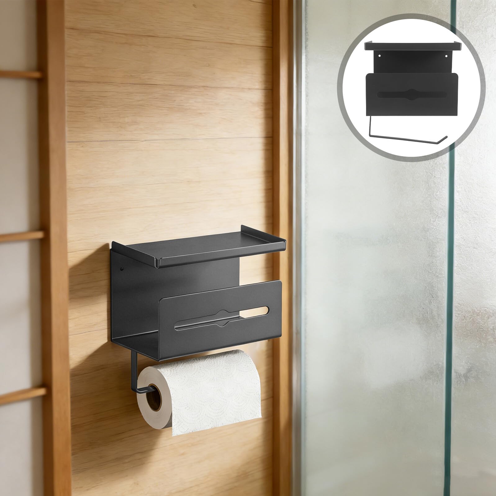 OUNONA Porta Carta Igienica a Doppio Strato in Acciaio al Carbonio Nero con Ripiano Porta Telefono, Contenitore per Fazzoletti da Parete, Dispenser Salvaspazio per Bagno Moderno