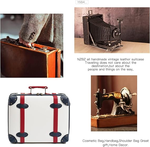 NZBZ 3-Piece Vintage PU Leather Luggage Set, Retro Trunk Suitcase with Spinner Wheels, TSA Lock & 14 Beauty Case, Cute Carry On for Women (14/20/28 Inch)