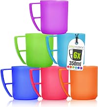 NEO Hard Plastic Cups - 6 pieces - 350 ml - colors | BPA Free + Reusable + Unbreakable - Plastic Coffee Cup Set with Handle - Large Breakfast Cups Perfect for Camping