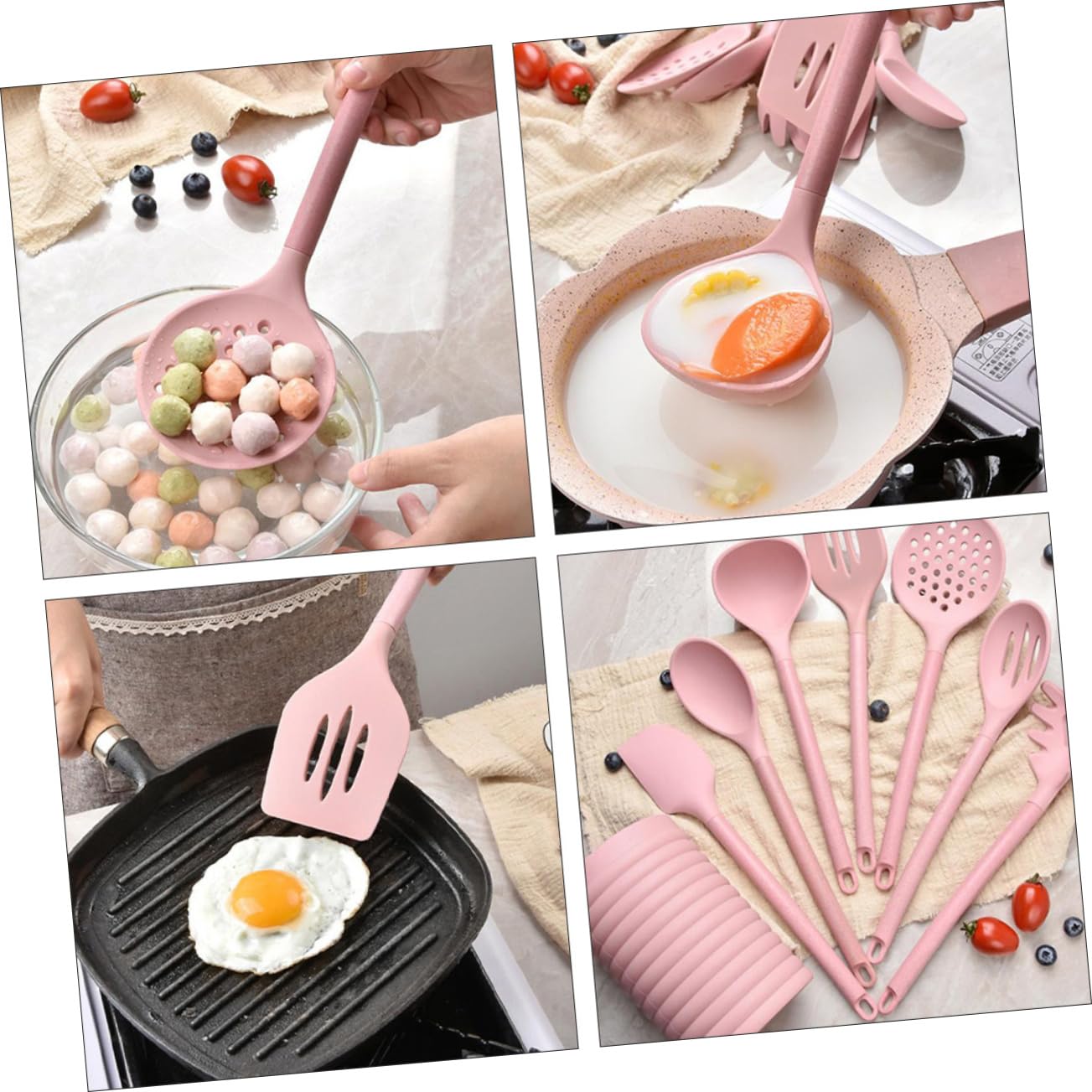 Cabilock Set De Utensilios De Cocina De Silicona Espátula Cucharón Pala Colador Cuchara Mango De Madera Diseño Ergonómico
