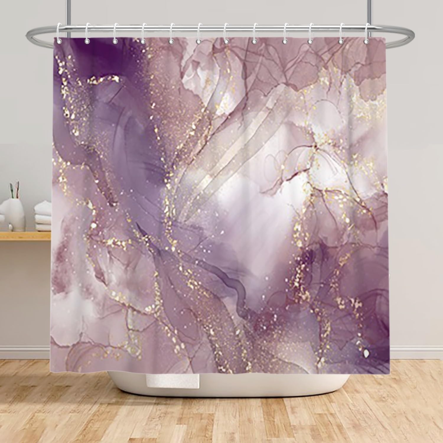 Xiaoterna Marble Shower Curtain Purple Gold Splatter Textile Bathroom Curtain Mixed Purple White Gold Splatter Colourful Marble Shower Curtain Machine Washable Waterproof Fabric 180x180cm - Image 3