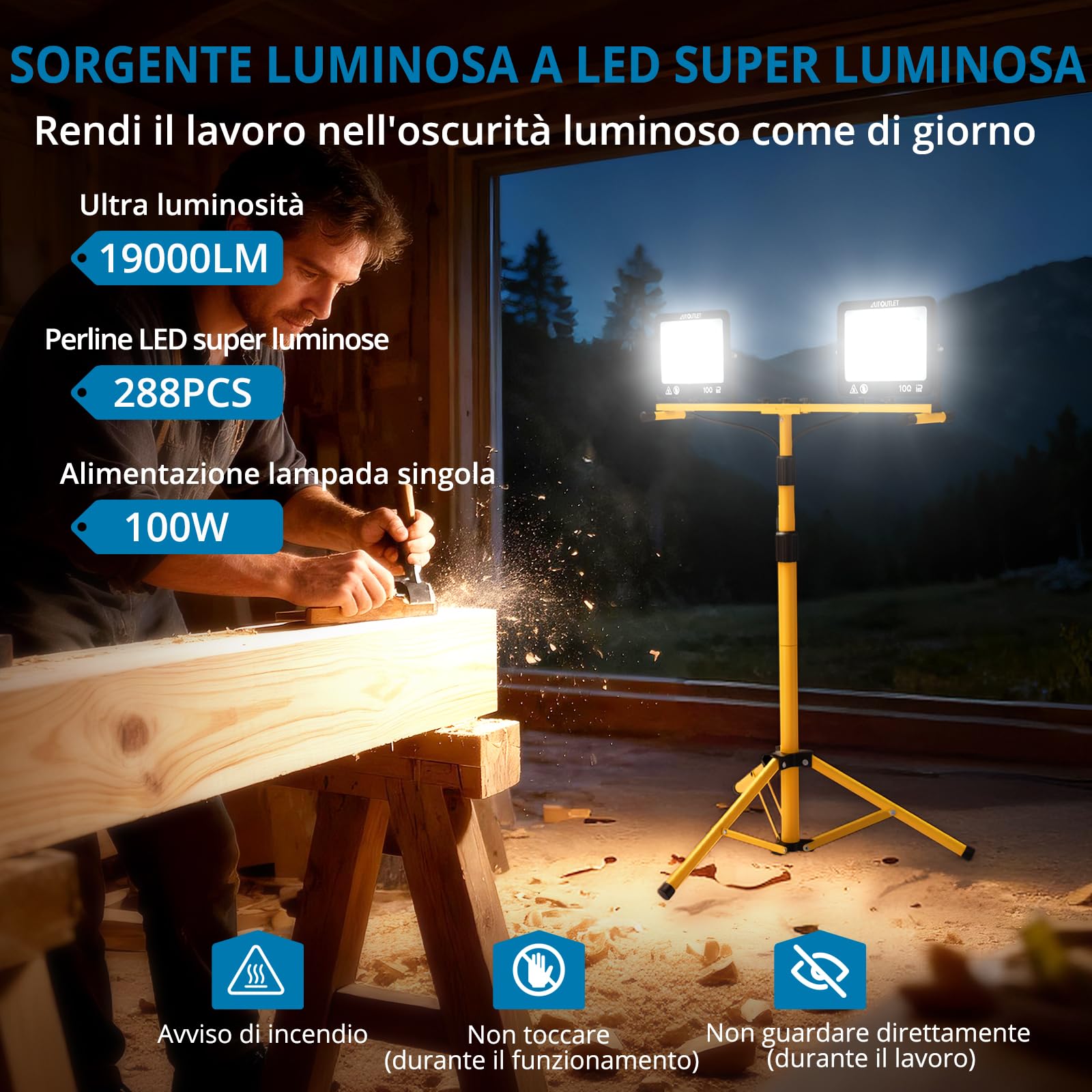 AUTOUTLET Faretto da Cantiere con Treppiede Allungabile,2x 100W 19000LM Faro Led Ricaricabile con 3 Temperature Colore e Cavo di Alimentazione da 5 M,IP66 Impermeabile,per Garage Officina e Esterno