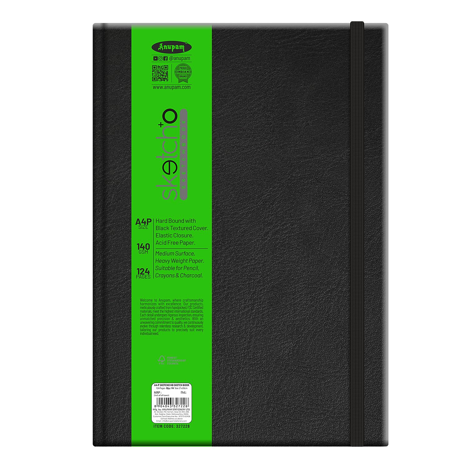 Anupam SketchO Sketchbook Hardbound, Portrait Opening A4 Size, 140 GSM Acid Free Natural Shade Paper with Elastic Closure (128 Pages)