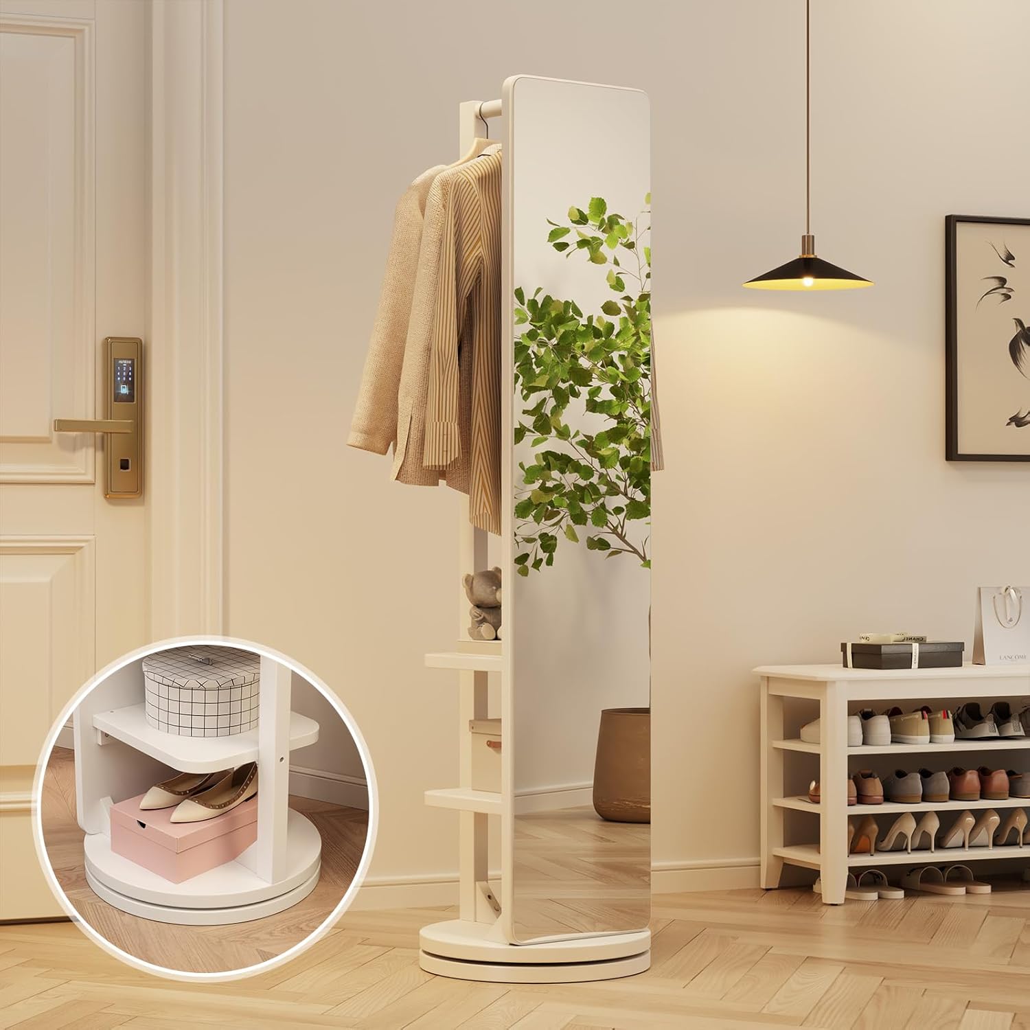 WoodsWhisper Full Length Mirror Coat Rack Solid Wood Floor Mirror 66"x12" Full Length Mirror with Stand Long Mirrors for Bedroom,Living Room (White, 66" Lx12 W)