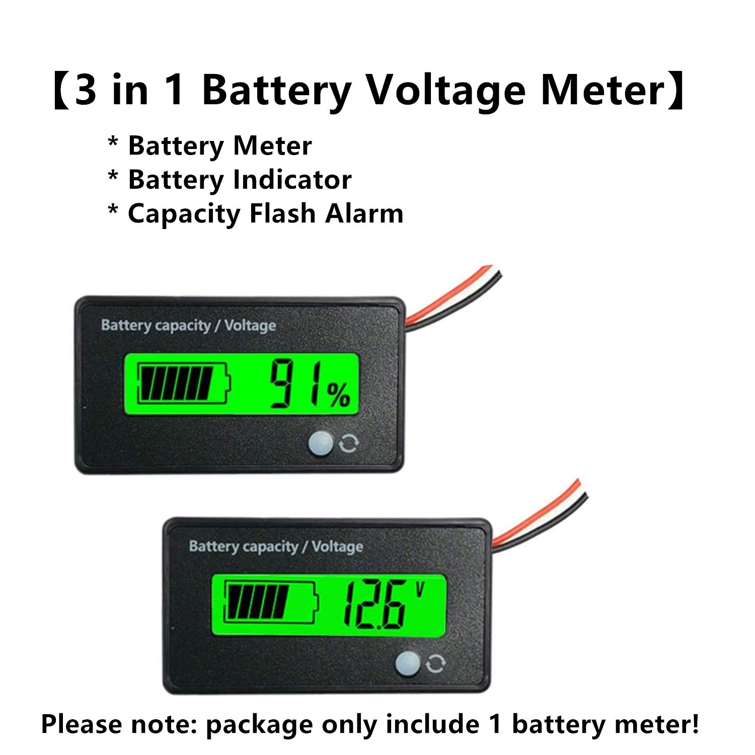 QJFCare Flash Alarm Green LCD Waterproof Battery Capacity Monitor Gauge Meter,12V/24V/36V/48V Lead Acid Battery Status Indicator,Lithium Battery Capacity Tester Voltage Meter Monitor
