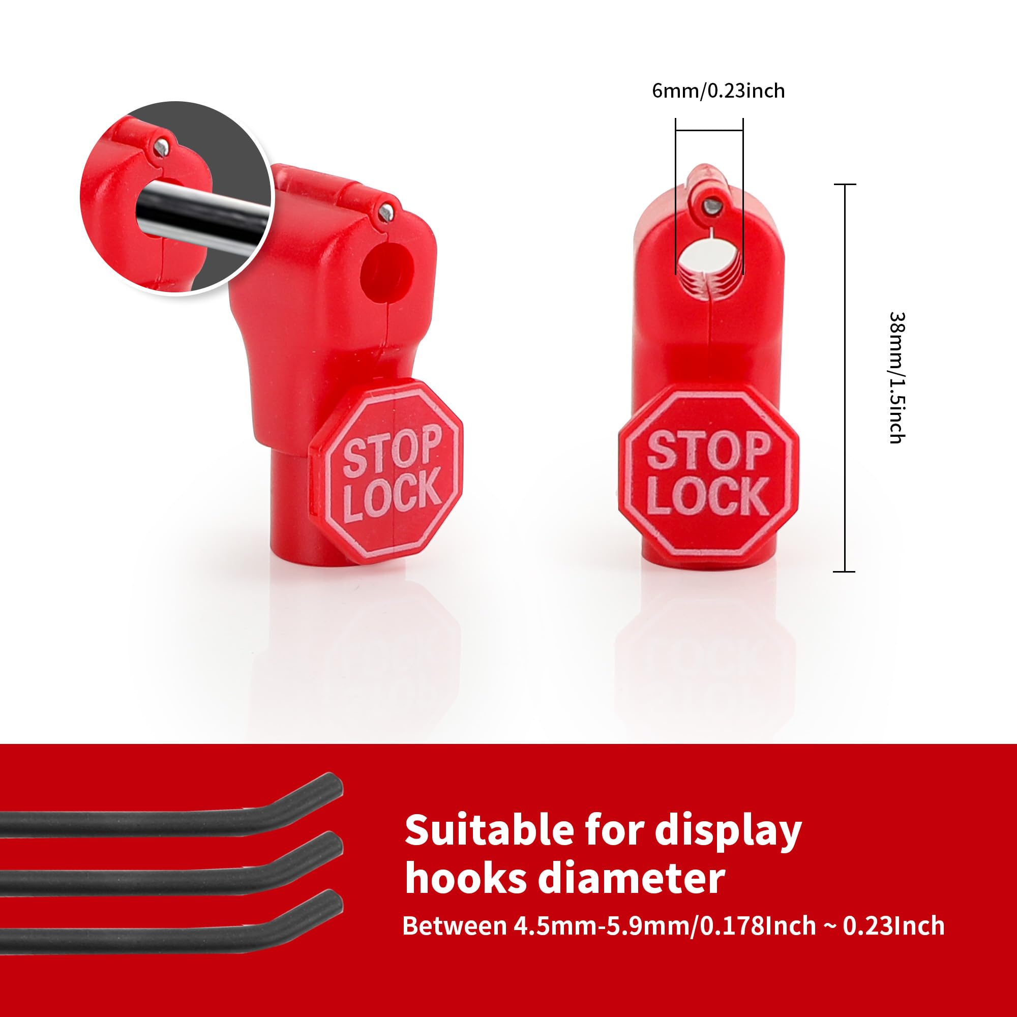 KEJJNYER 200 Pcs Peg Hook Stop Lock 6mm, Red Display Hook Lock Plastic Retail Peg Hook Security Locks Peg Pegboard Hook Stopper Locks
