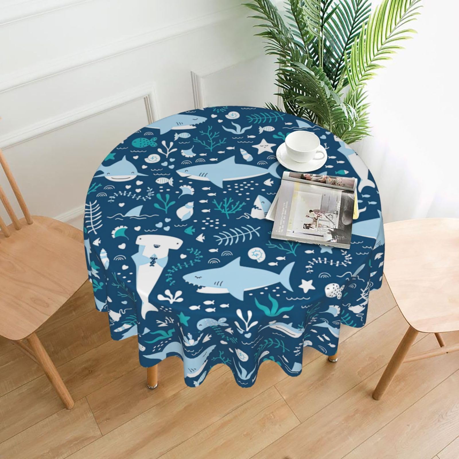 DEXNEL Cute Blue Fish Print 60'' Round Tablecloth Retro Polyester Washable Cover for 4-6 Seat Dining Table Boho Decor