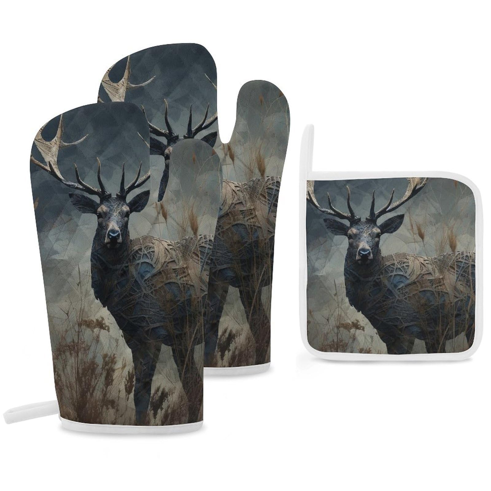 Oven Mitts And Pot Holders Sets of 3 Heat Resistant BBQ Gloves Deer in Field Oven Mitts Gloves Non-Slip Kitchen Mittens Potholders for Cooking Baking Grilling BBQ Microwave