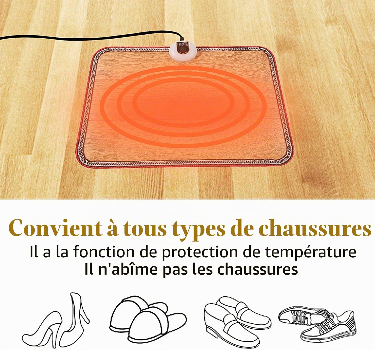 Livtribe AC 230 V - Tapis de sol chauffant en cristal de carbone - Chauffe-pieds chauffants électriques pour bureau, maison (marron)