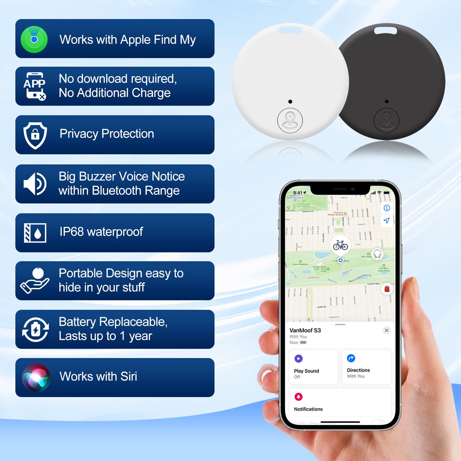 Lot de 4 étiquettes de suivi intelligent compatibles avec l'application Find My (iOS uniquement), localisateur intelligent de clés Bluetooth pour sacs, animaux de compagnie, bagages, portefeuille