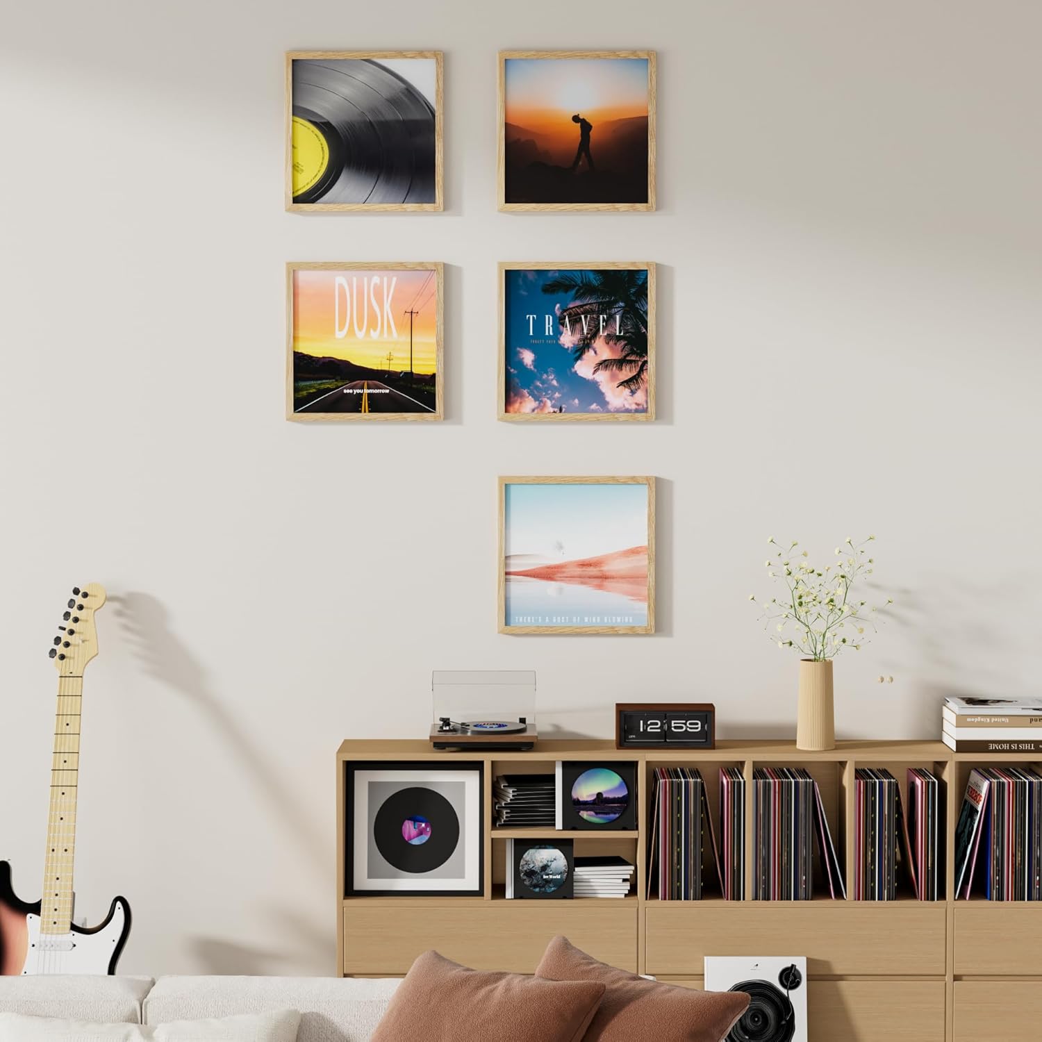 Venusmiles Vinyl Record Frame Natural Oak Wood for 12.5 X 12.5 Inches LP Record Album Disply Frame without Mat, Single Groove, Shatter-Resistant Tempered Glass Cover and Wall Hanging Hardware