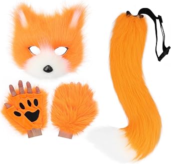 HAOAN Furry Fox Mask Wolf Fox Tail and Paw Gloves Set Adult Cat Halloween Mask Animal Party Costume