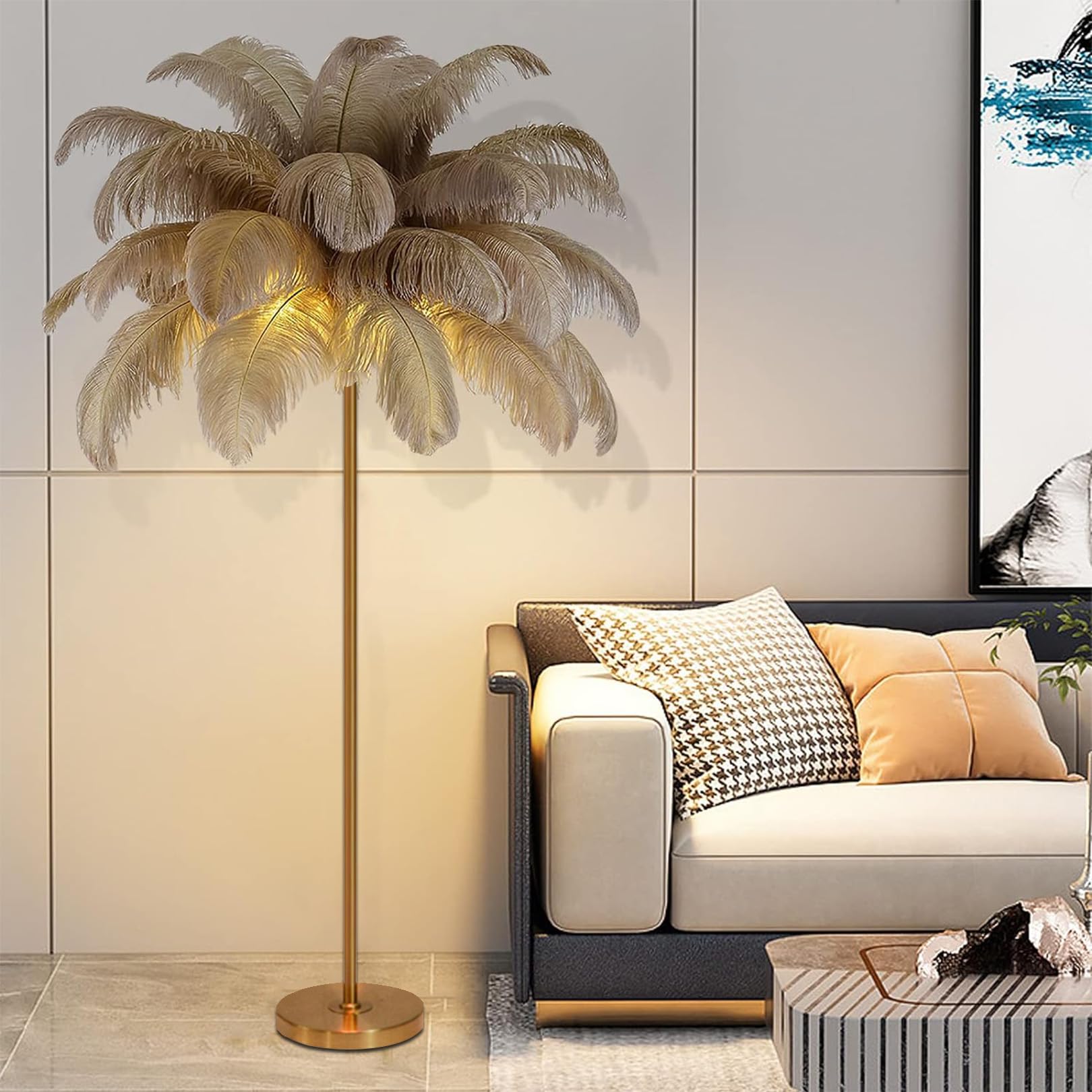 Lampadaire en plumes d'autruche a intensite variable 3 modes