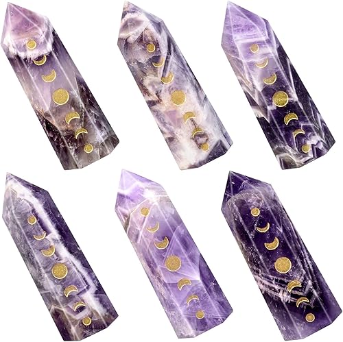 Miniatura 4 de Amogeeli Wicca - Varita de punto de cristal de amatista de fase lunar para meditación de reiki, 6 piedras curativas facetadas para decoración para