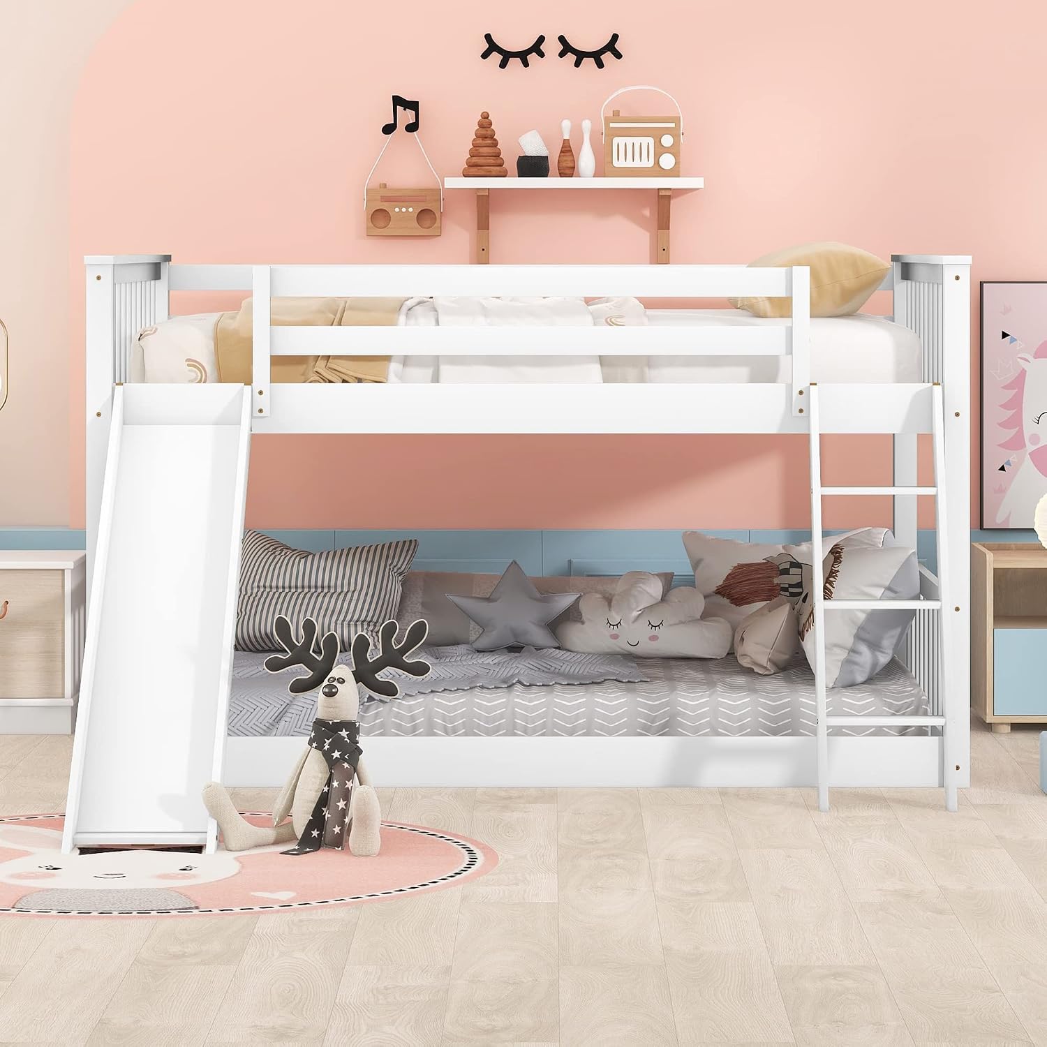 Full Over Full Low Bunk Beds with Slide for Kids Wood Floor Bunk Bed Frame for Boys Girls Teens’ Bedroom Dorm, White