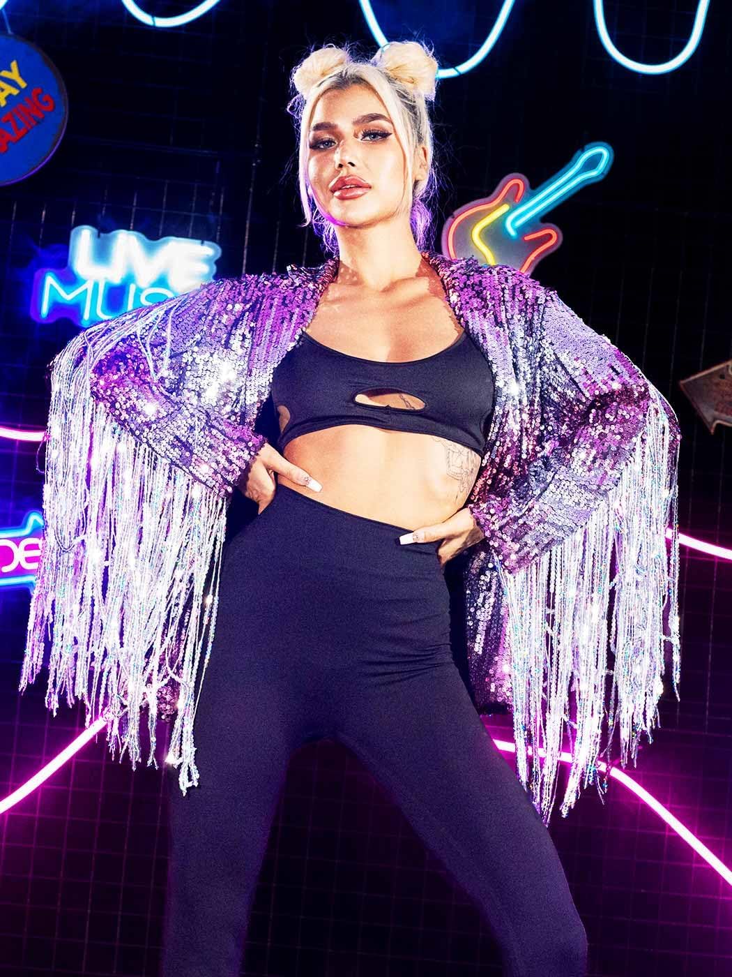 GORAIS Fringe Sequin Jacket Long Sleeves Sparkly Blazer Glitter Bomber Jackets for Women