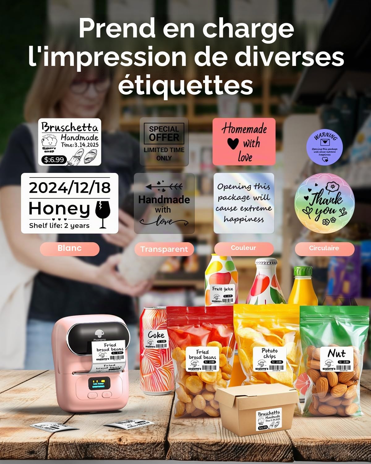 Phomemo M110 Étiqueteuse - Imprimante Code Barres Mini Étiqueteuse Bluetooth Imprimante d'Étiquettes Thermique, Imprimante Portable, Convient pour Vêtements, Supermarché, Vente au Détail, Rose