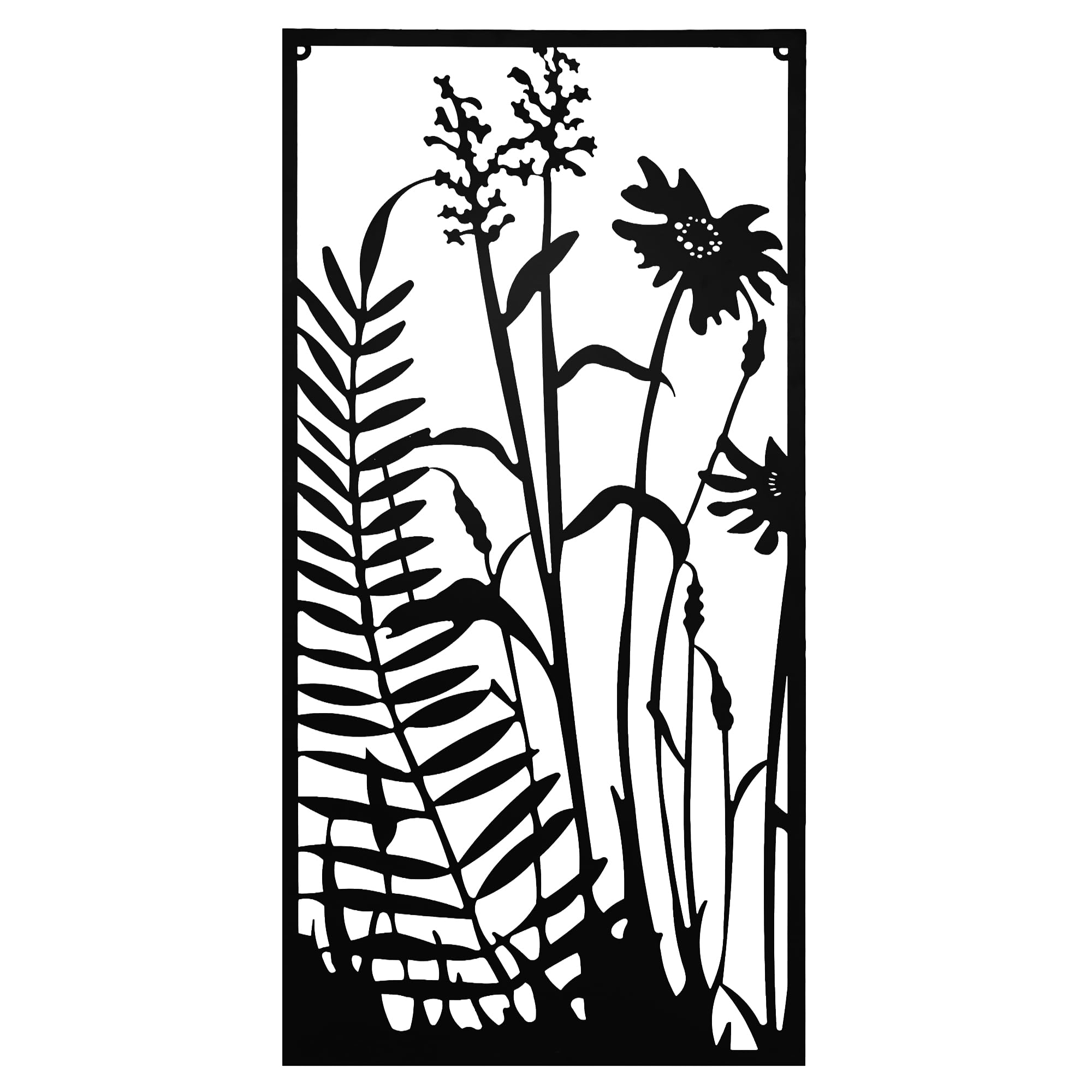UNUS Tableau en métal fougère et fleurs, 120 x 60 cm, décoration murale pour intérieur et extérieur, avec crochet de suspension, design moderne, noir