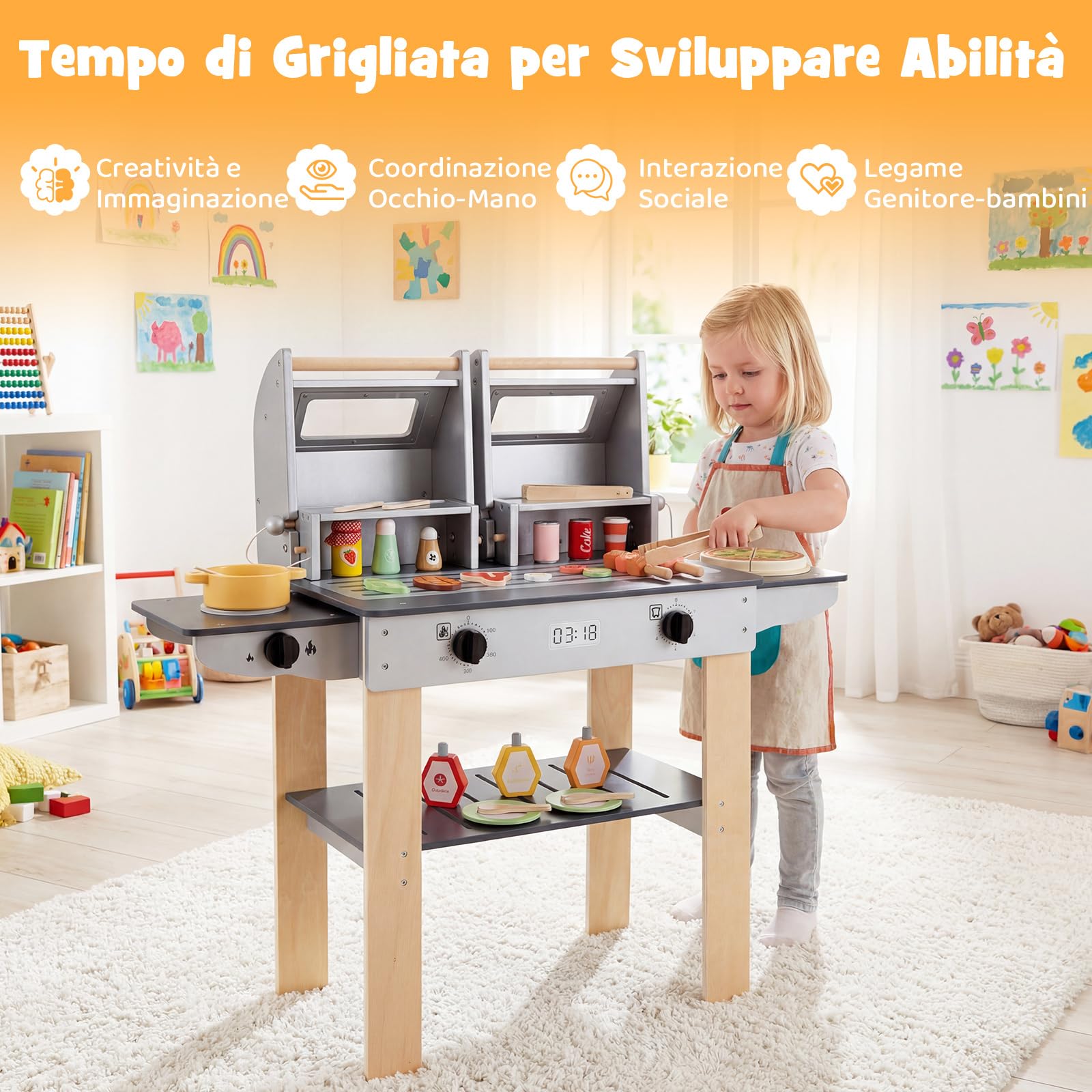 COSTWAY Set di Gioco per Barbecue in Legno per Bambini, Gioco di Griglia per Bambini con 2 Grill, Coperchi Ribaltabili, Ricchi Accessori e Cibi Giocattolo, per Bambini 3+ Anni